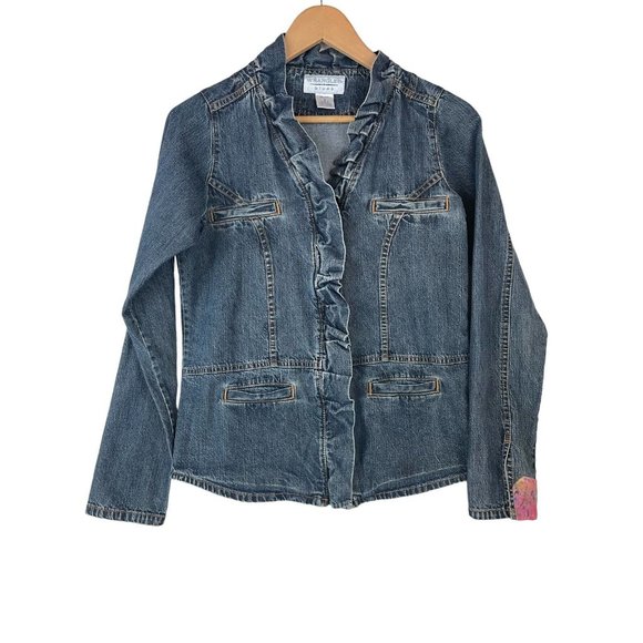 Wrangler Blues Jean Jacket Size Small Ruffles Fitted Denim Split Cuffs Pockets - Picture 1 of 10